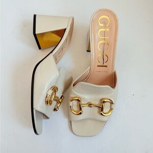 Gucci Mystic White Baby Horsebit block heel 70mm open toe mules EU 38.5